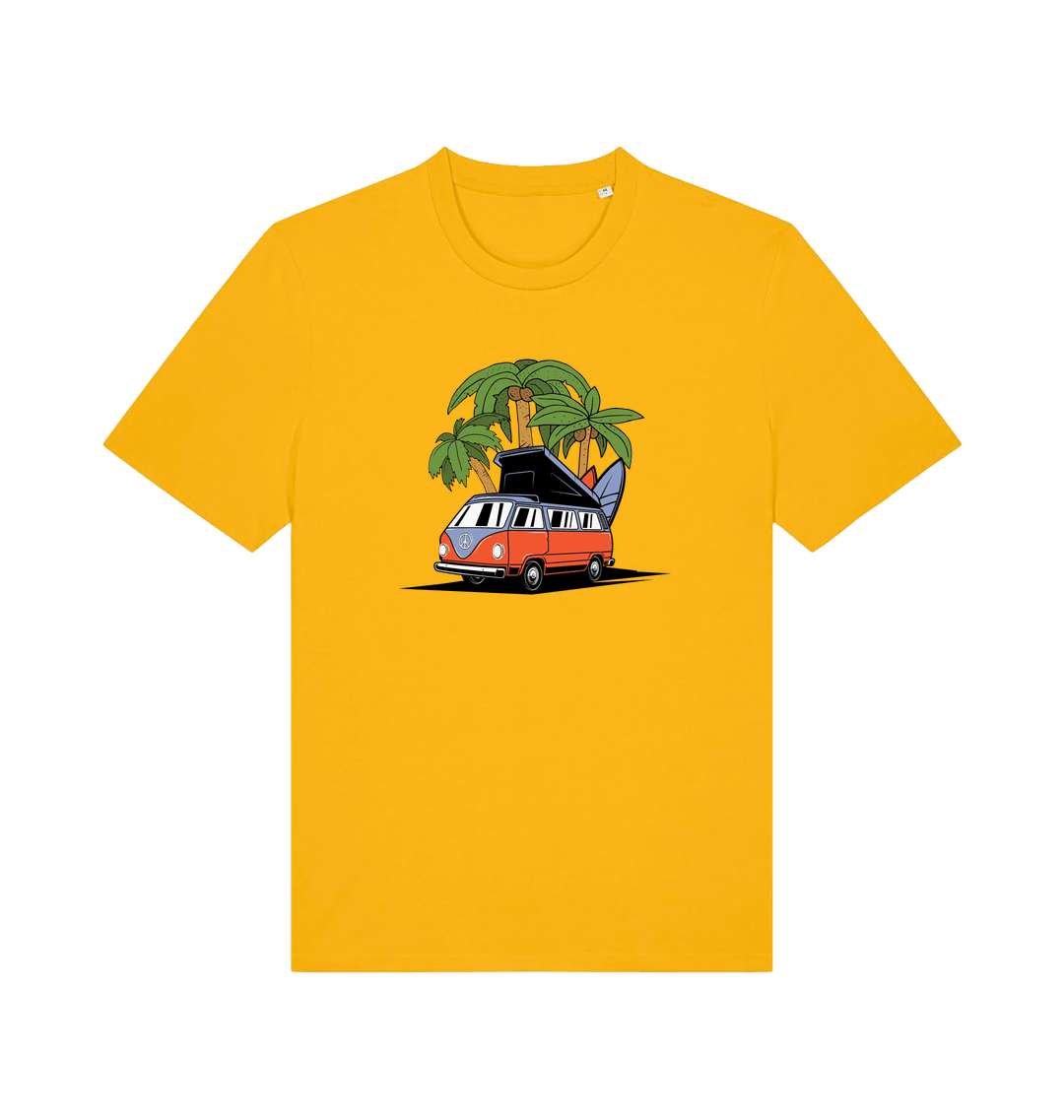 yellow novelty t-shirt with the graphic of a campervan and a surf board