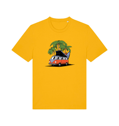 yellow novelty t-shirt with the graphic of a campervan and a surf board
