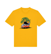 yellow novelty t-shirt with the graphic of a campervan and a surf board