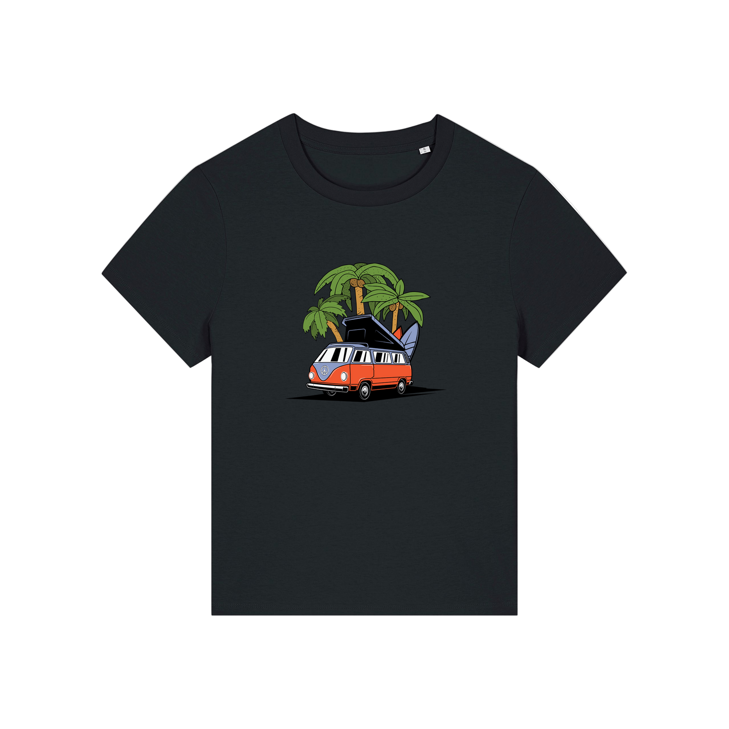 black graphic t-shirt with a campervan 
