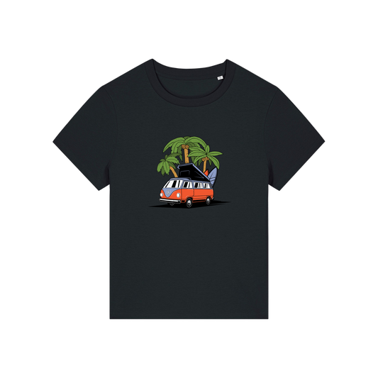 black graphic t-shirt with a campervan 