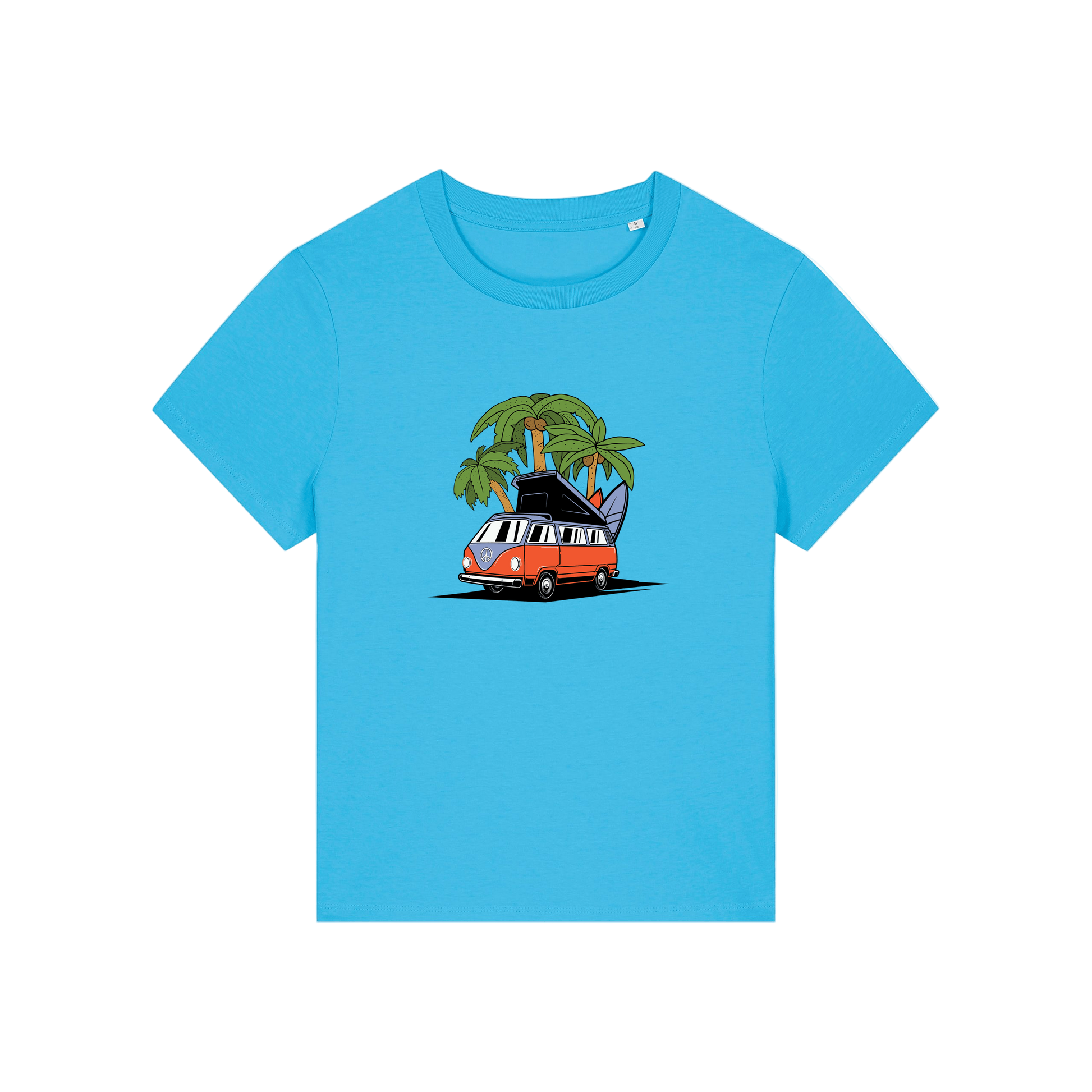 blue graphic t-shirt with a campervan