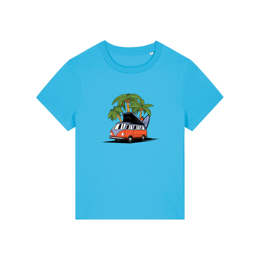 blue graphic t-shirt with a campervan