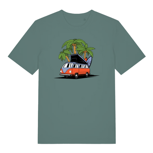 green women's graphic t-shirt with a campervan and palm tree design