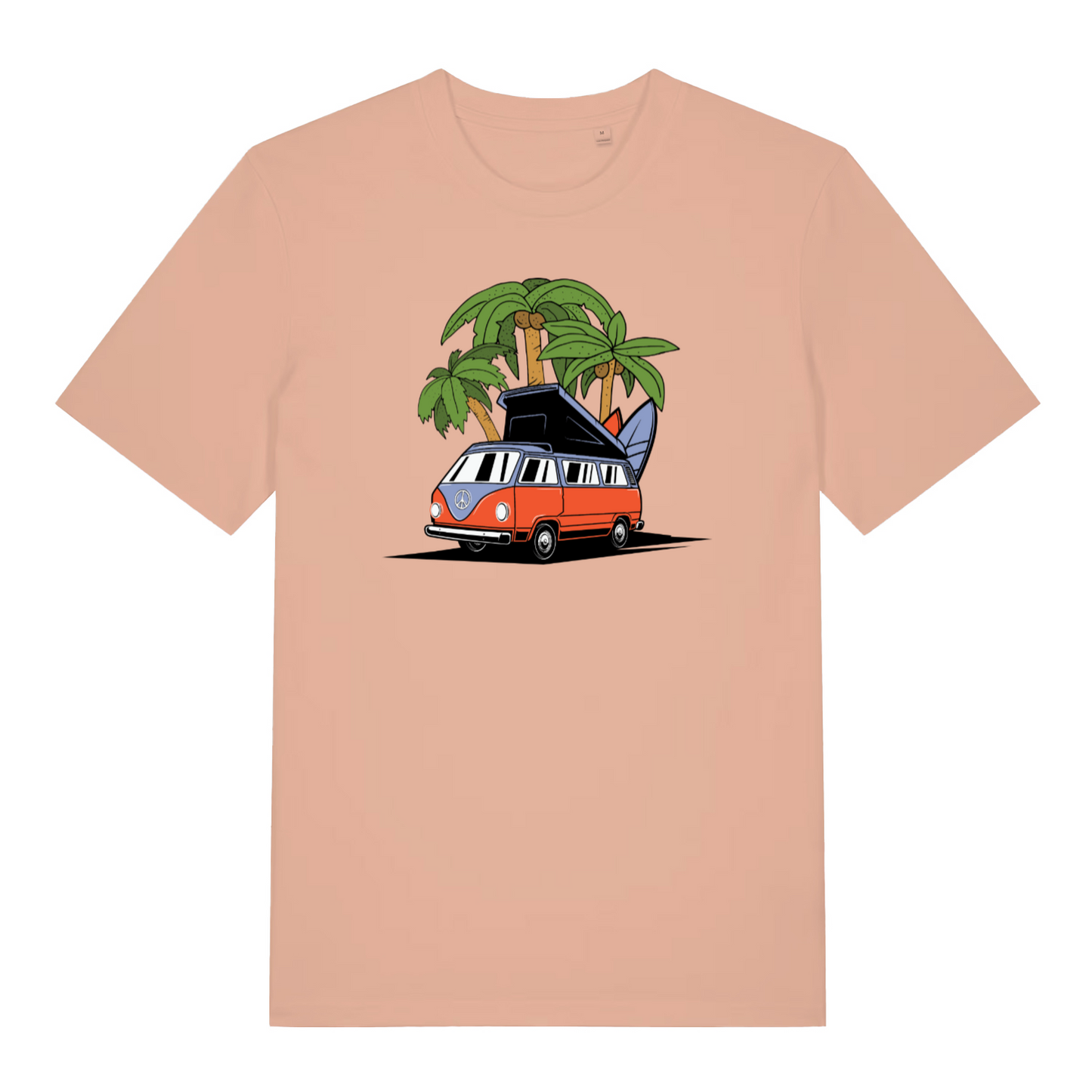 peach women's graphic t-shirt with a campervan and palm tree design