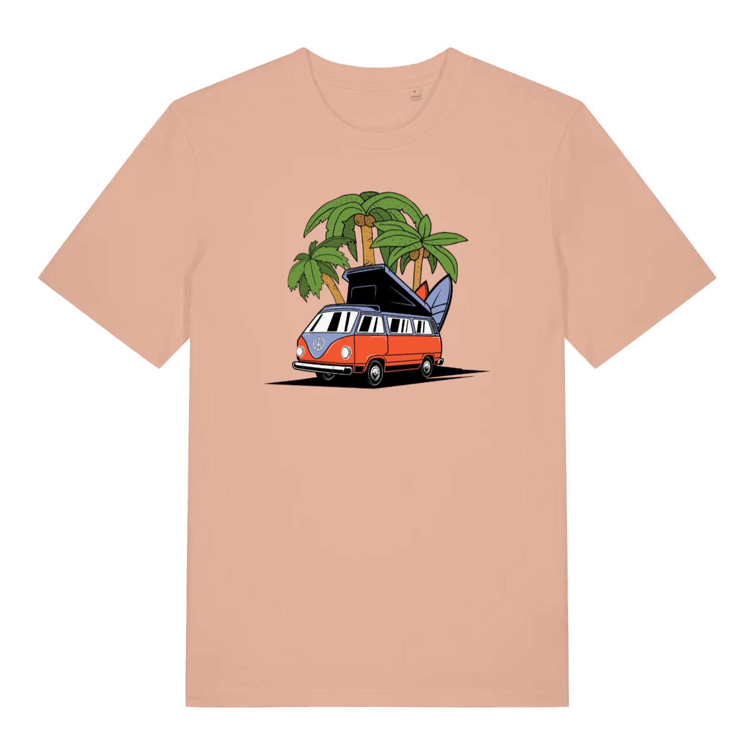 peach women's graphic t-shirt with a campervan and palm tree design