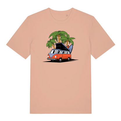 peach women's graphic t-shirt with a campervan and palm tree design