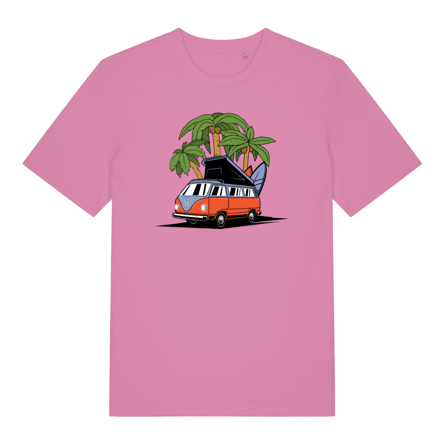 pink women's graphic t-shirt with a campervan and palm tree design