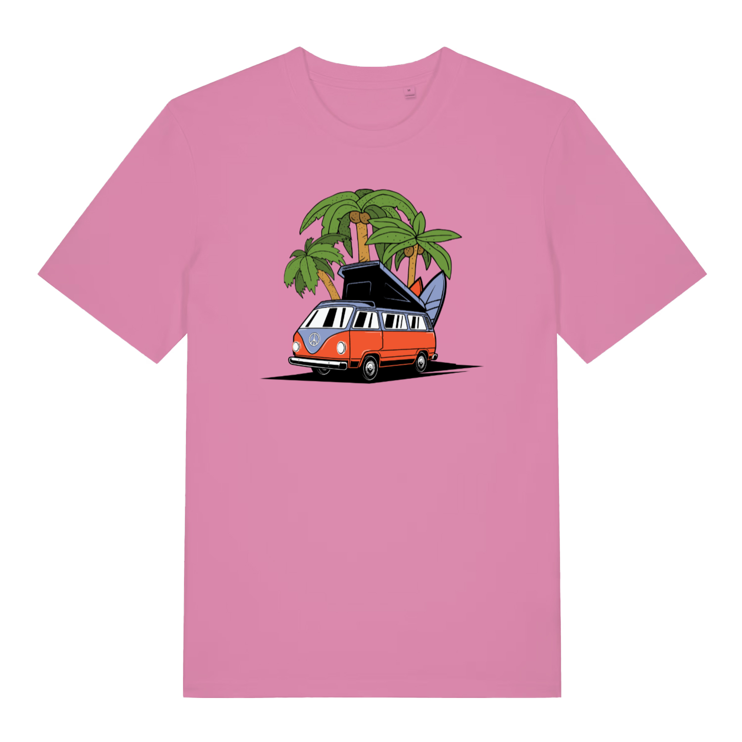 pink women's graphic t-shirt with a campervan and palm tree design