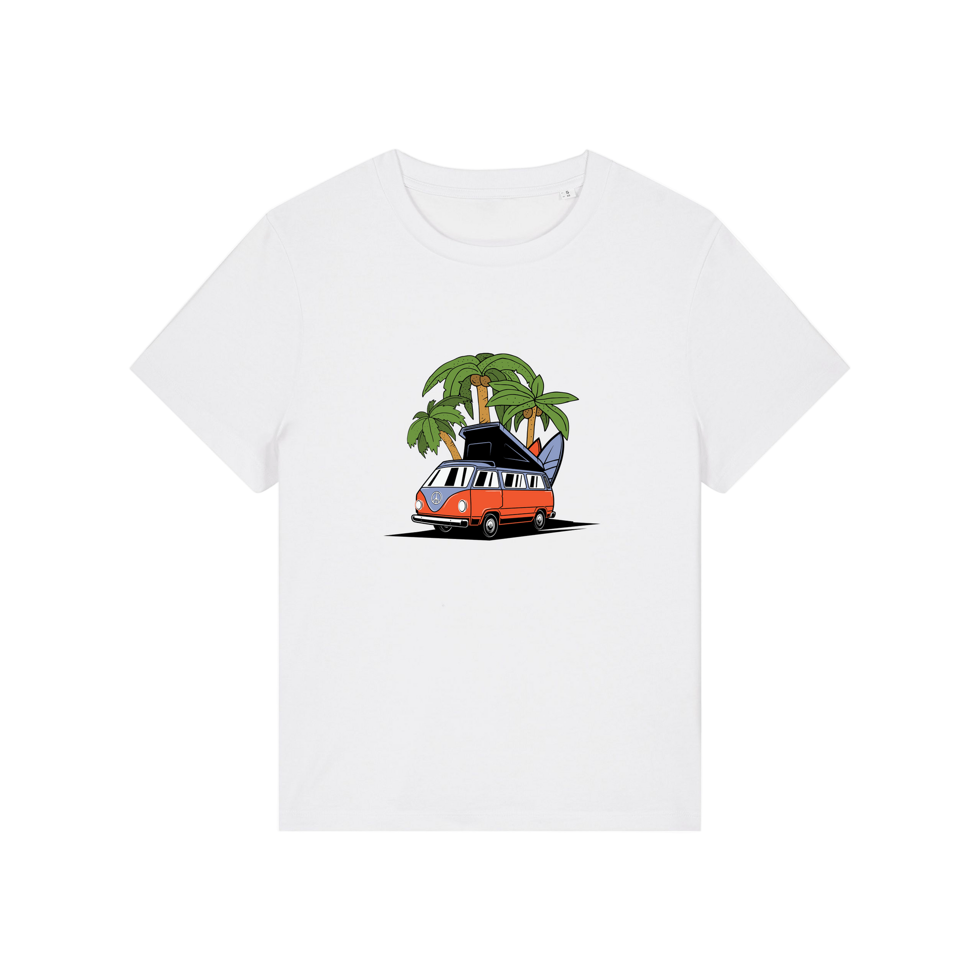 white graphic t-shirt with a campervan