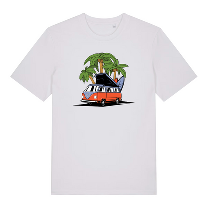 white women's graphic t-shirt with a campervan and palm tree design