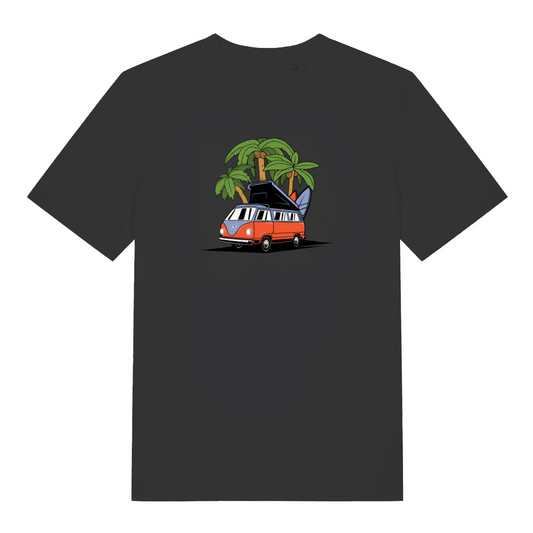 black graphic t-shirt with a campervan design 