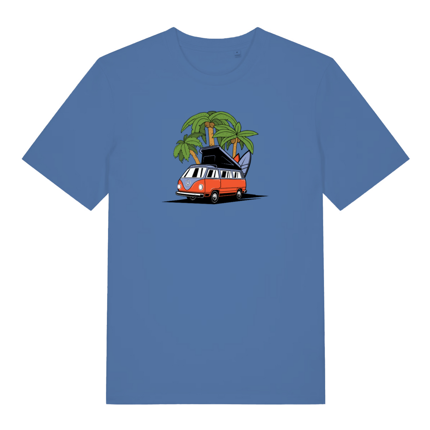blue graphic t-shirt with a campervan design 