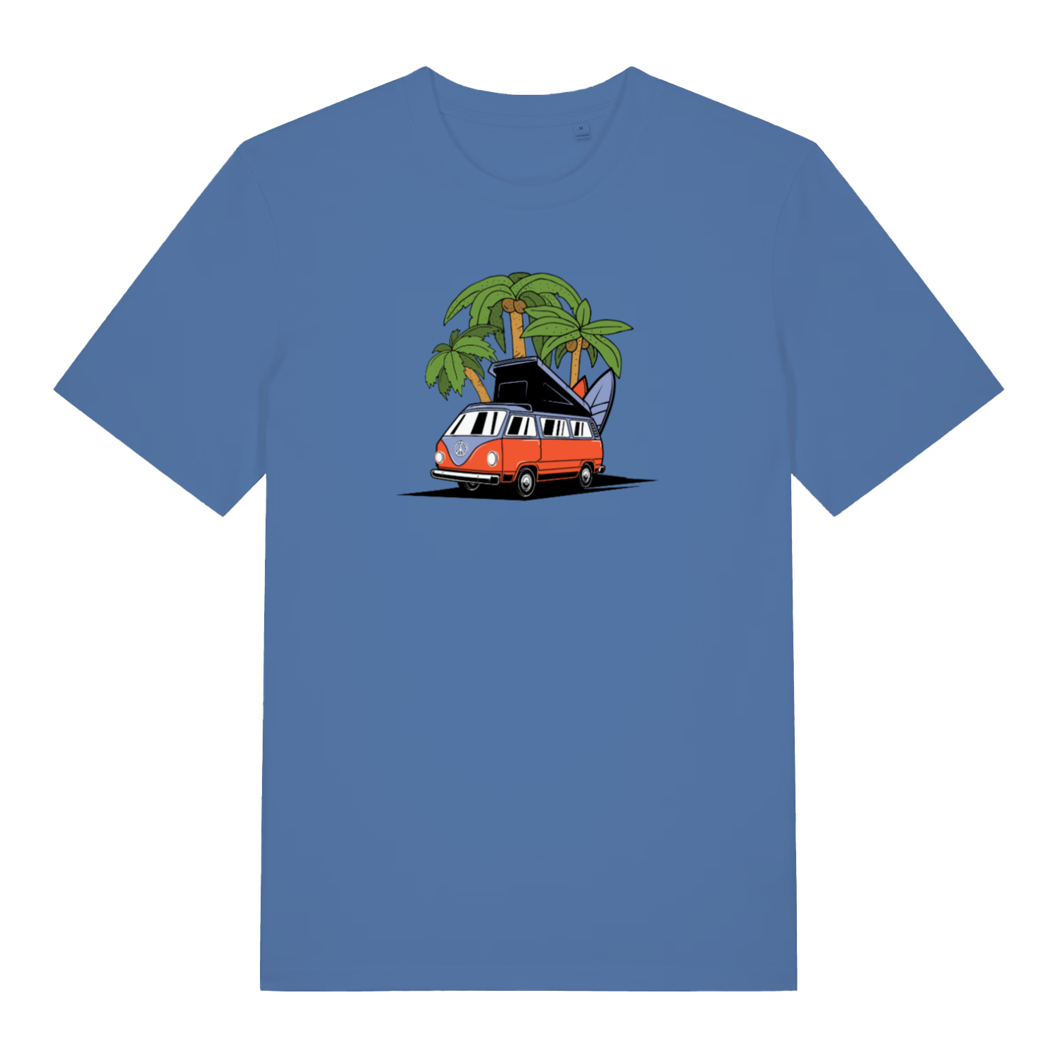 blue graphic t-shirt with a campervan design 