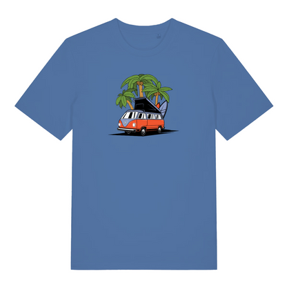 blue graphic t-shirt with a campervan design 
