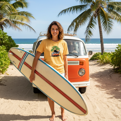 Person holding a surfboard on a beach with a van and palm trees in the background