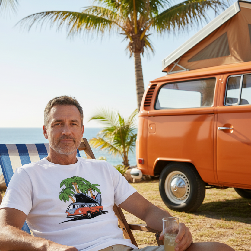 Man sitting in a chair by an orange camper van on a beach with palm trees in the background, wearing a graphic t-shirt with a campervan design