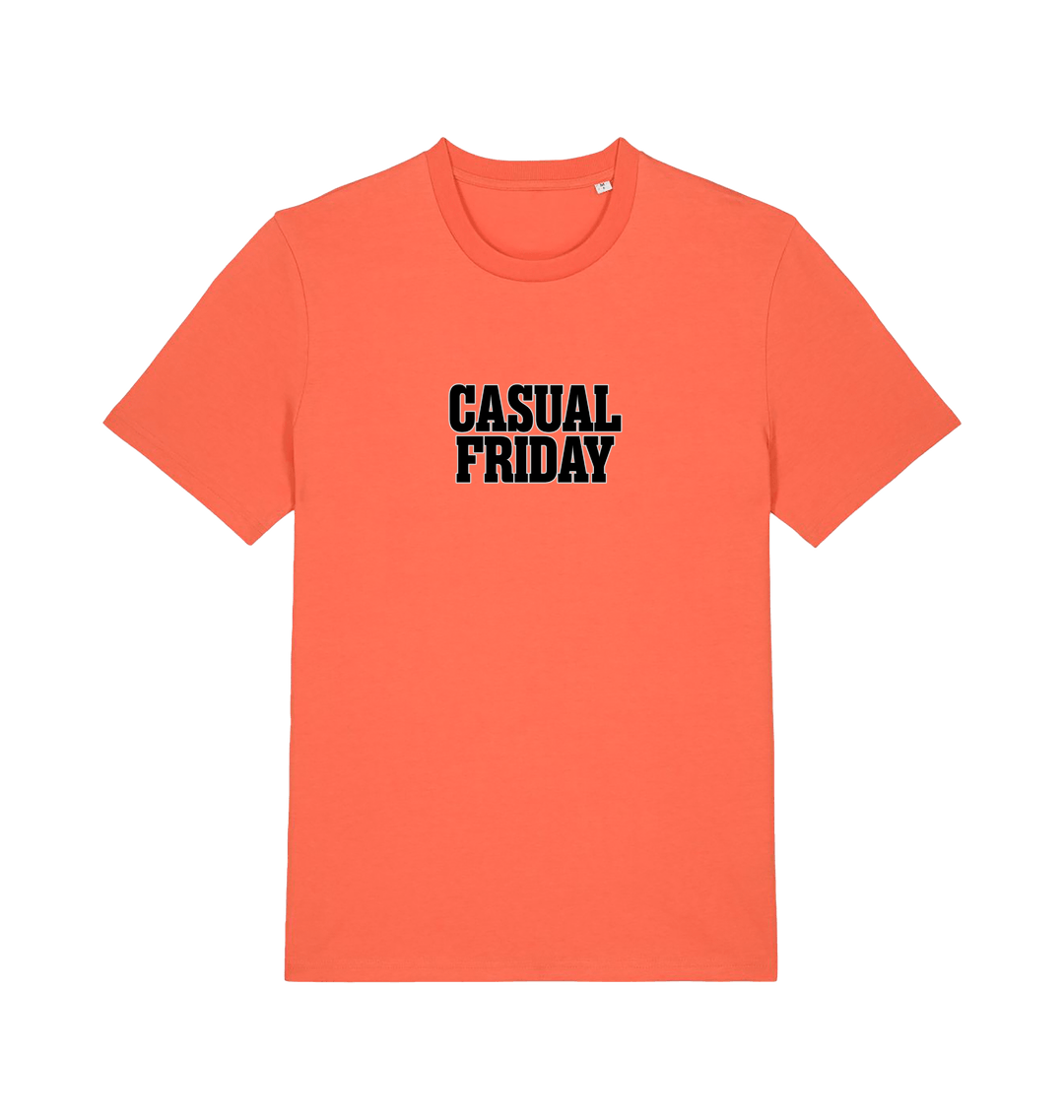 orange slogan t-shirt with the slogan casual friday