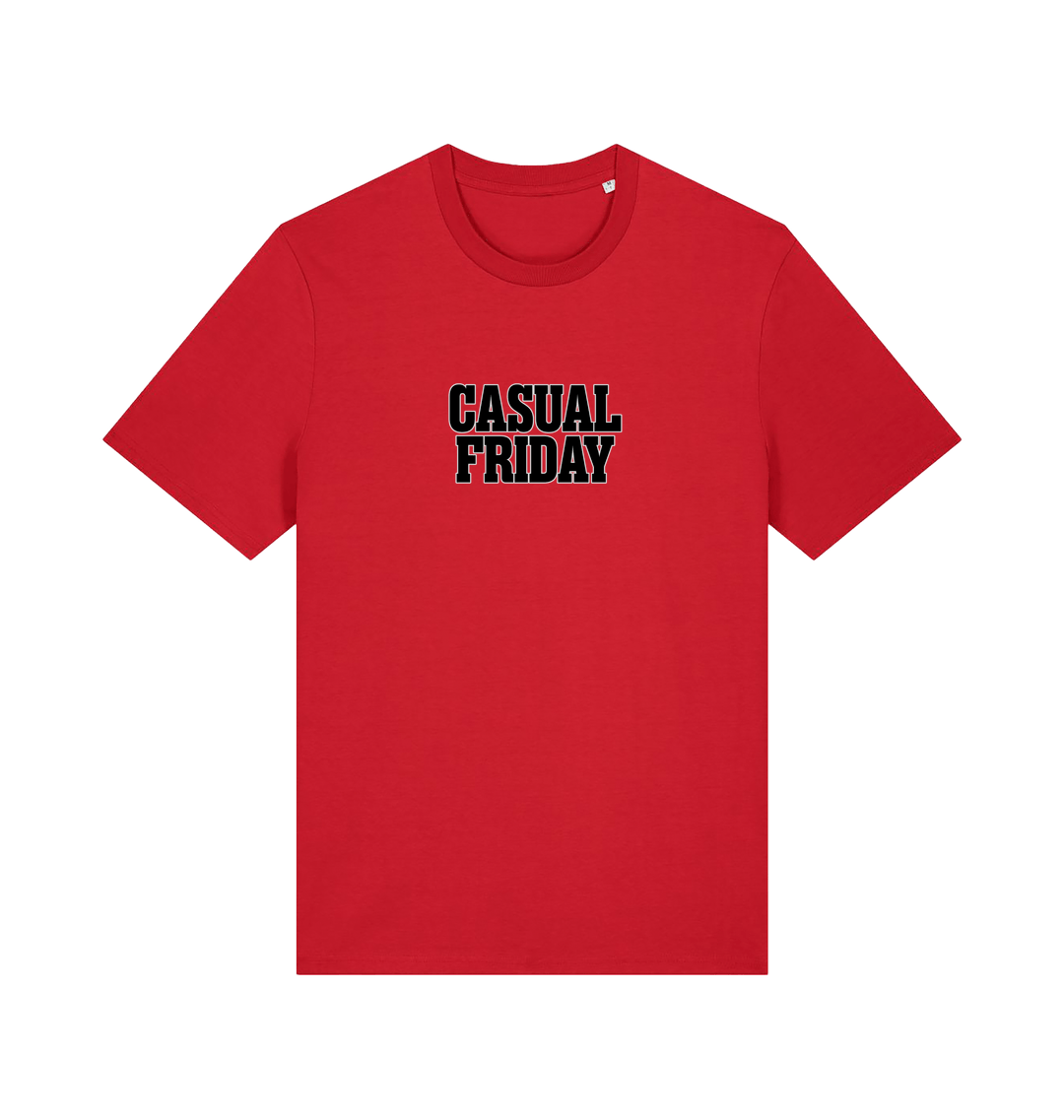 red slogan t-shirt with the slogan casual friday