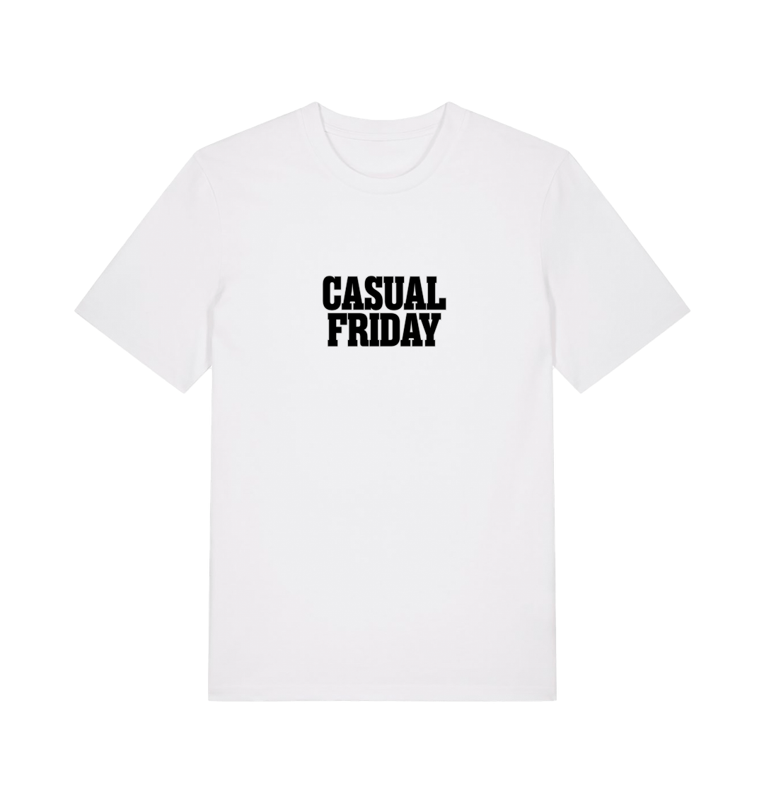 white slogan t-shirt with the slogan casual friday