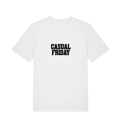 white slogan t-shirt with the slogan casual friday