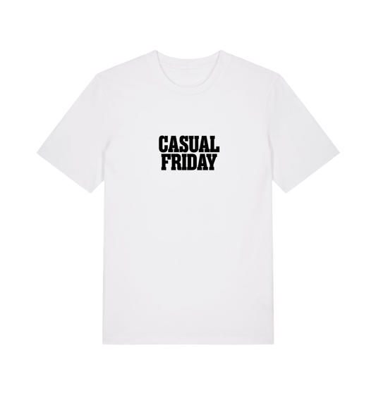 white slogan t-shirt with the slogan casual friday