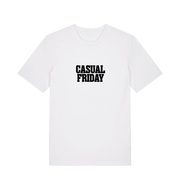 white slogan t-shirt with the slogan casual friday