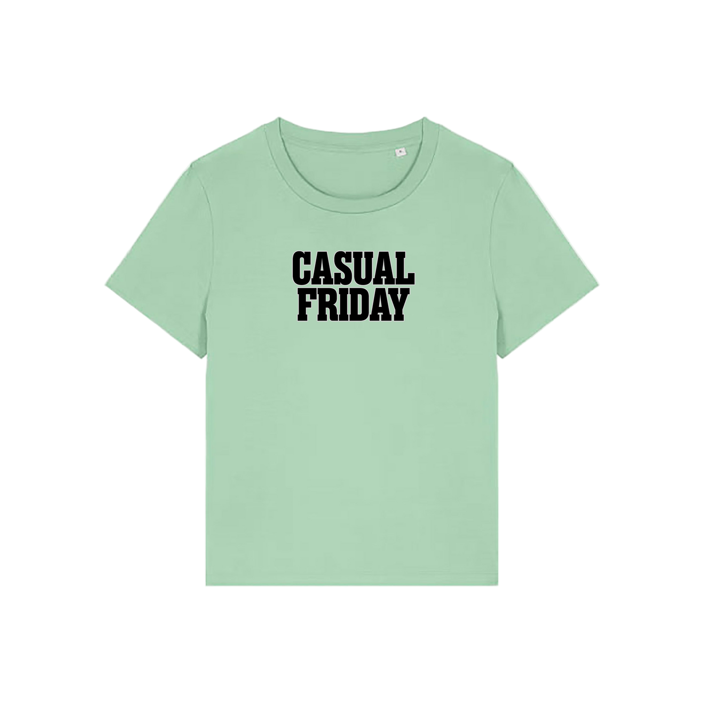 green slogan t-shirt that reads 'casual friday'