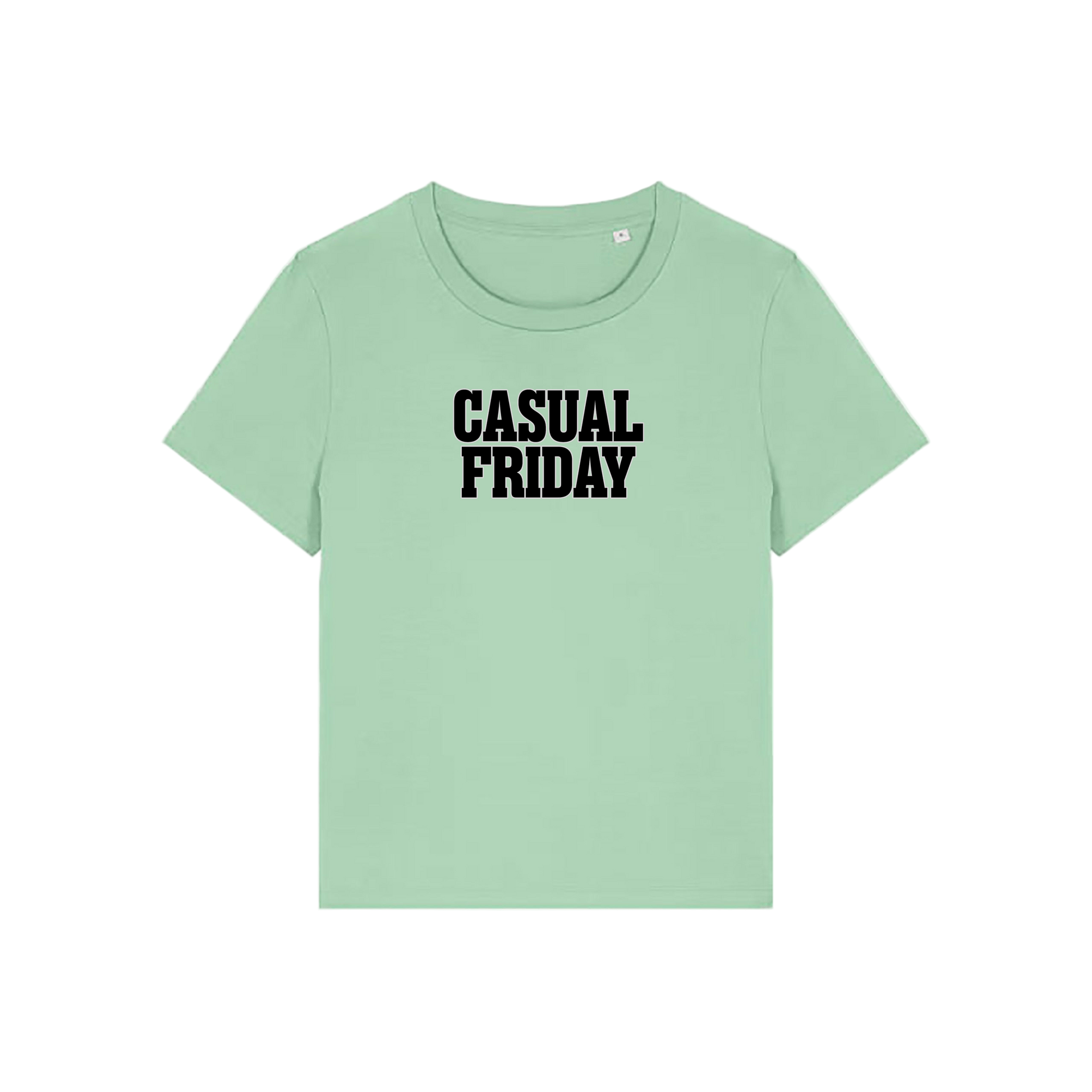 green slogan t-shirt that reads 'casual friday'