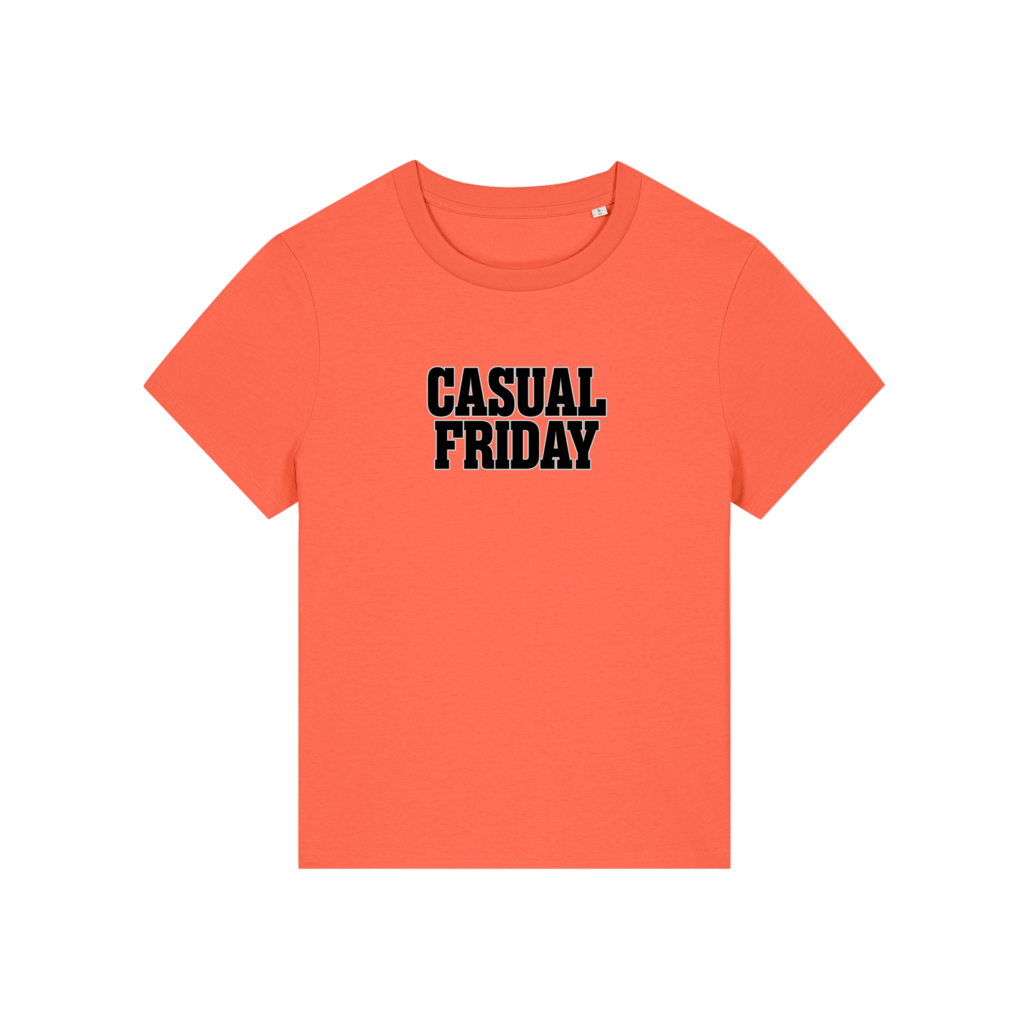 orange slogan t-shirt that reads 'casual friday'