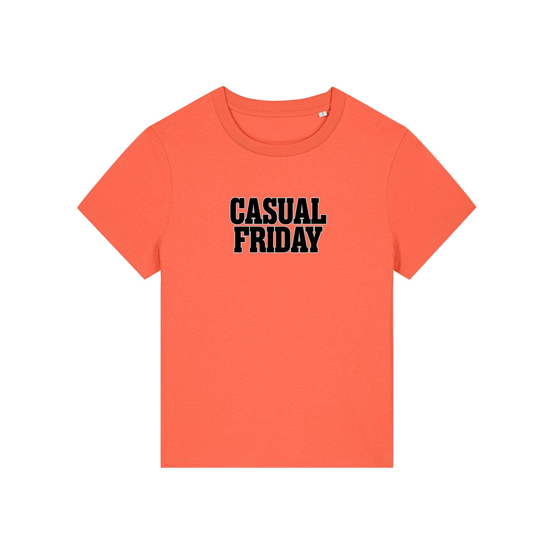 orange slogan t-shirt that reads 'casual friday'