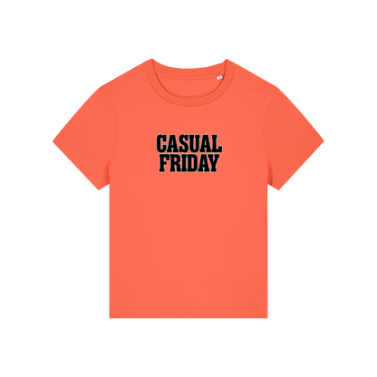 orange slogan t-shirt that reads 'casual friday'