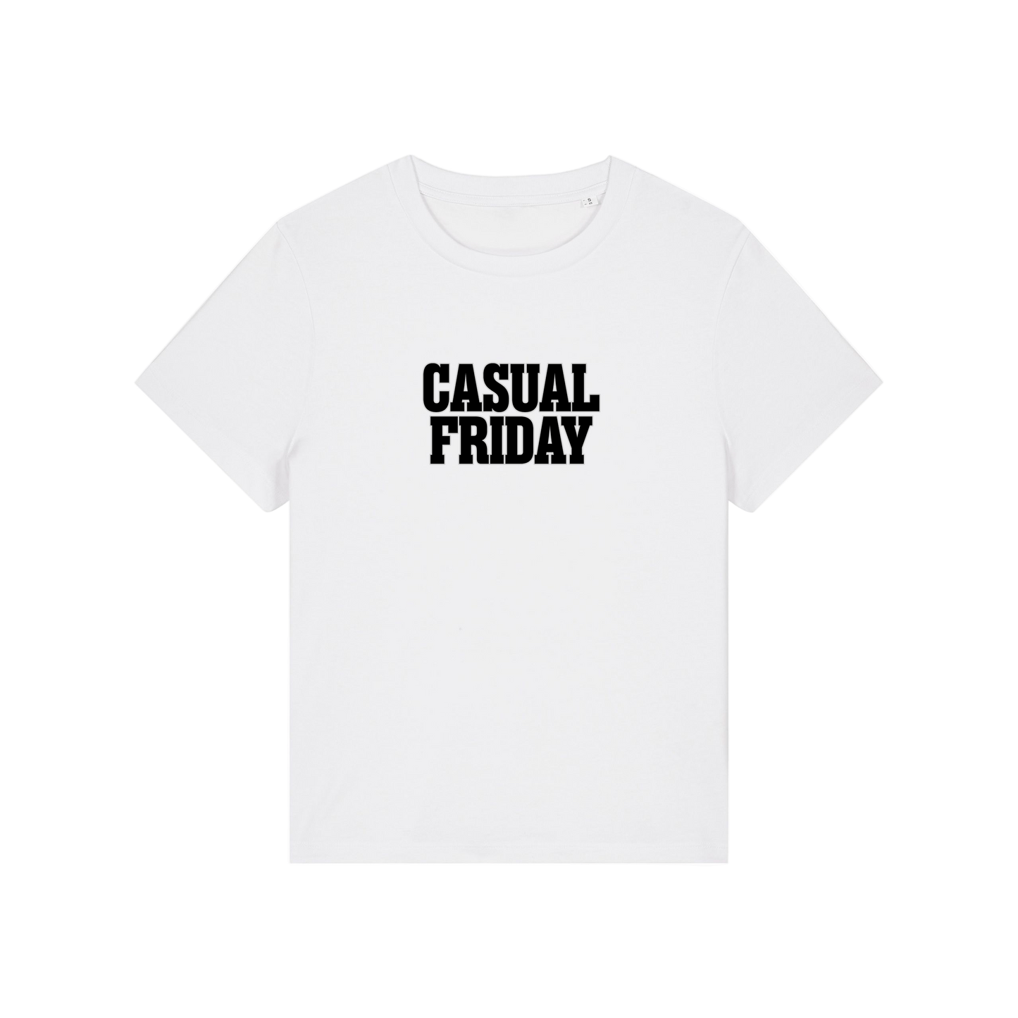 white slogan t-shirt that reads 'casual friday'