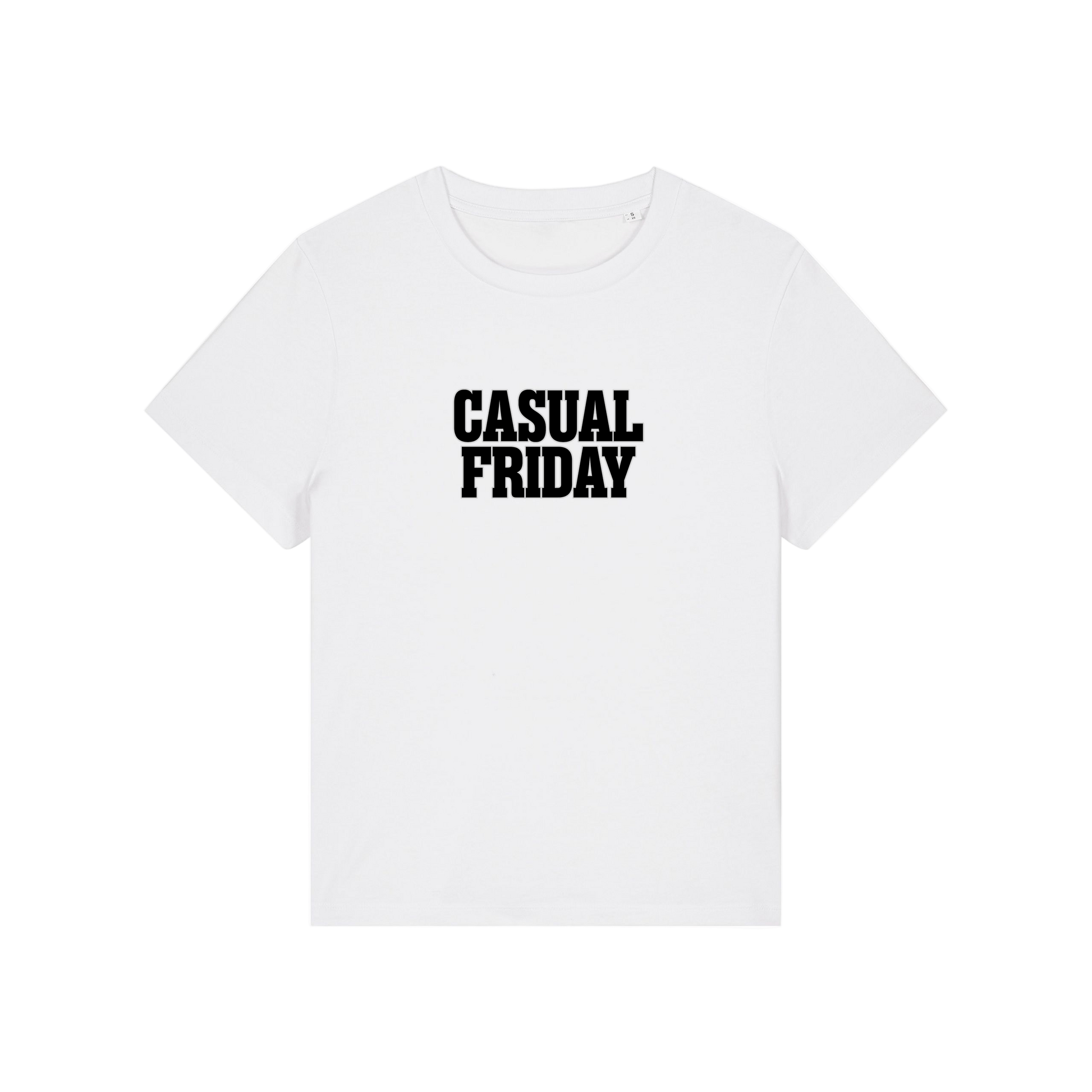 white slogan t-shirt that reads 'casual friday'