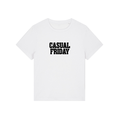 white slogan t-shirt that reads 'casual friday'