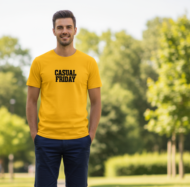 Man wearing a yellow 'Casual Friday' t-shirt standing outdoors with greenery in the background