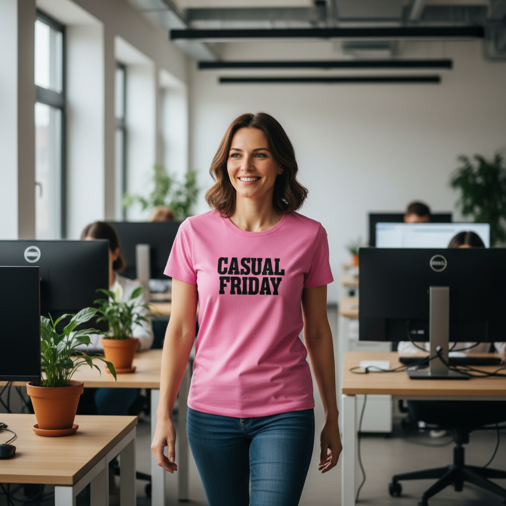 Woman wearing a pink 'Casual Friday' t-shirt in an office setting