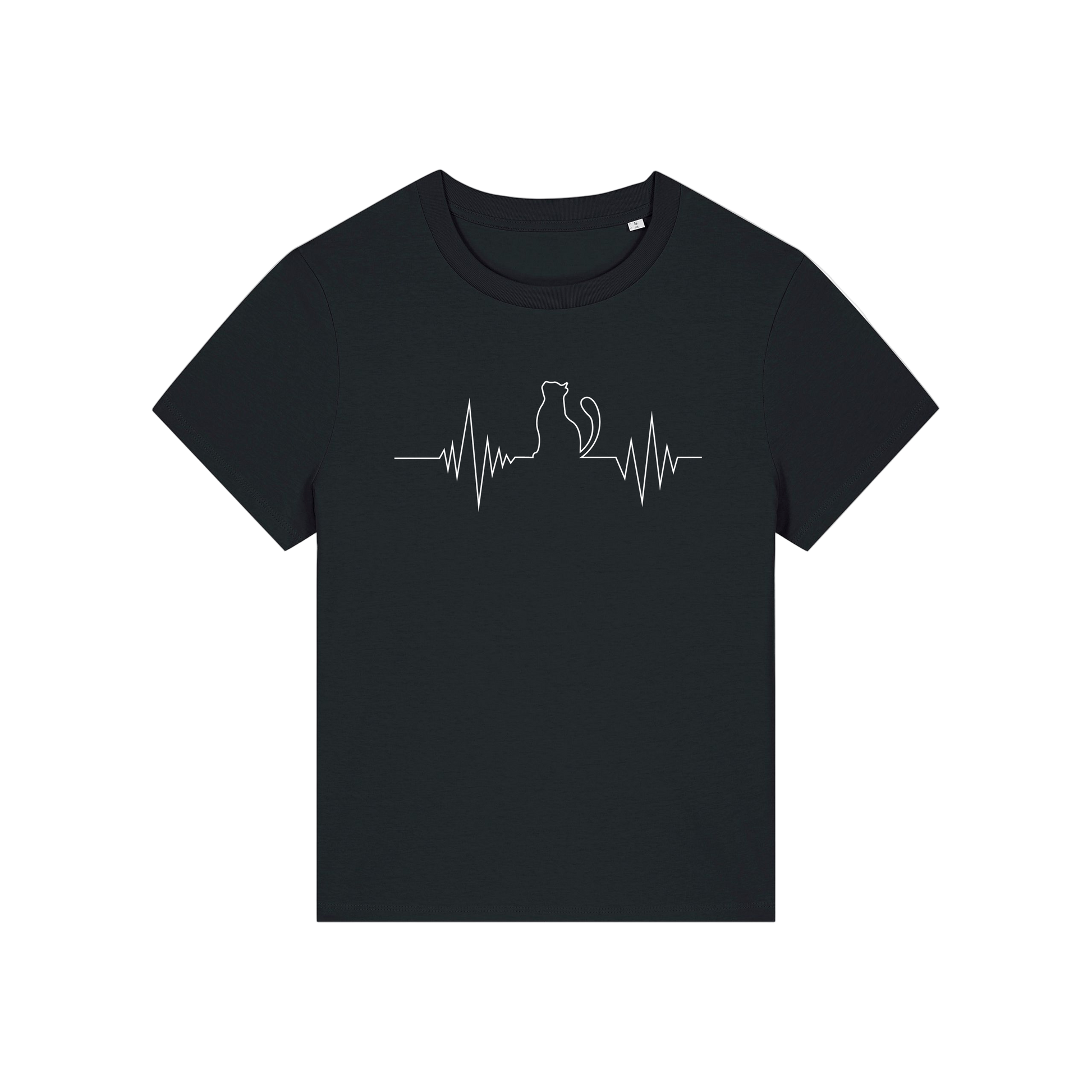 black animal t-shirt with a cardiograph and a cat