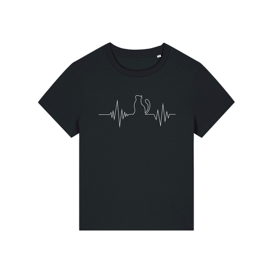 black animal t-shirt with a cardiograph and a cat