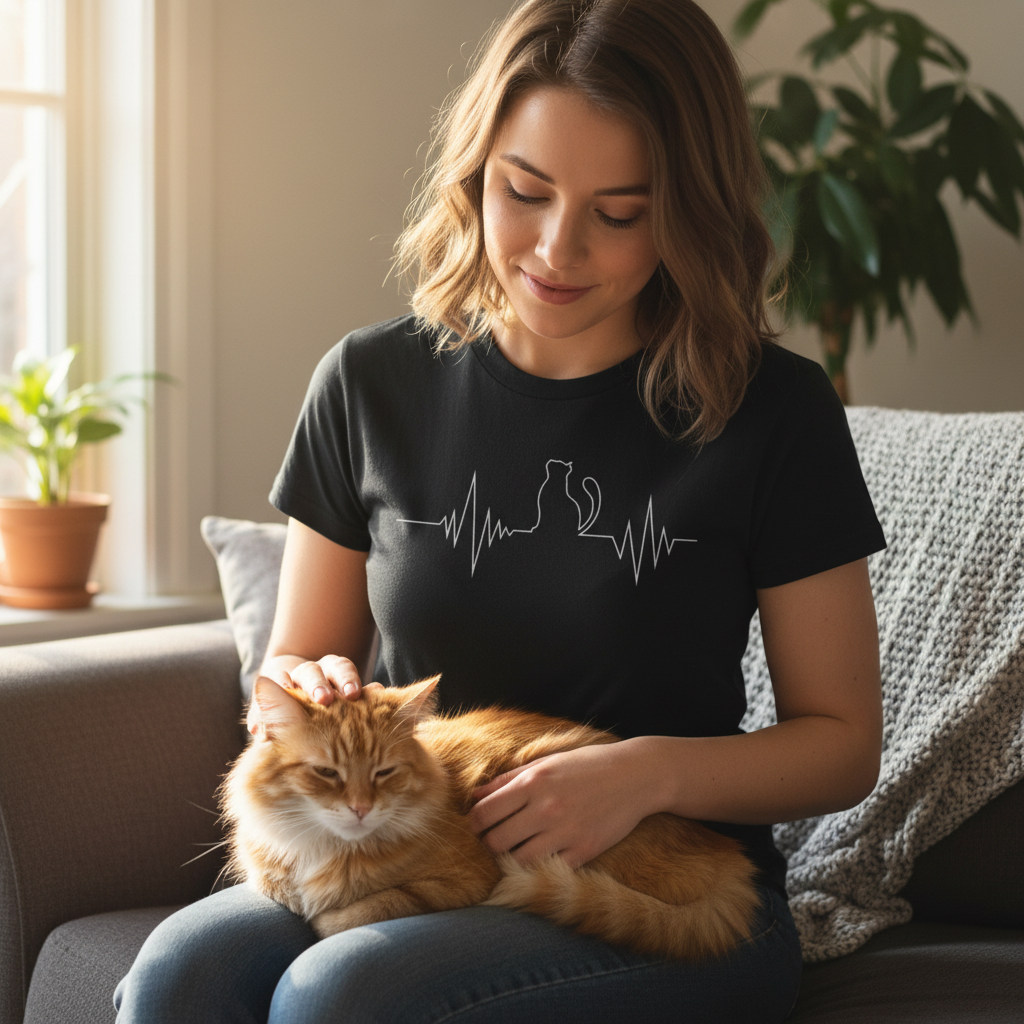 Woman wearing a black t-shirt with a cat design, sitting on a couch with a cat on her lap.