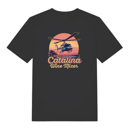 black movie t-shirt with the graphic of a helicopter flying in front of a sunset and the slogan 'catalina wine mixer'