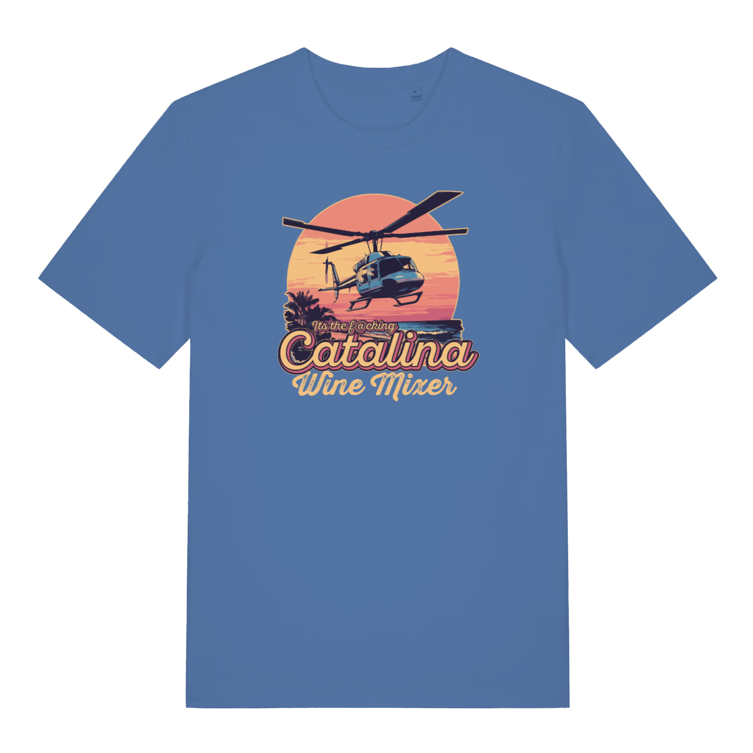 blue movie t-shirt with the graphic of a helicopter flying in front of a sunset and the slogan 'catalina wine mixer'