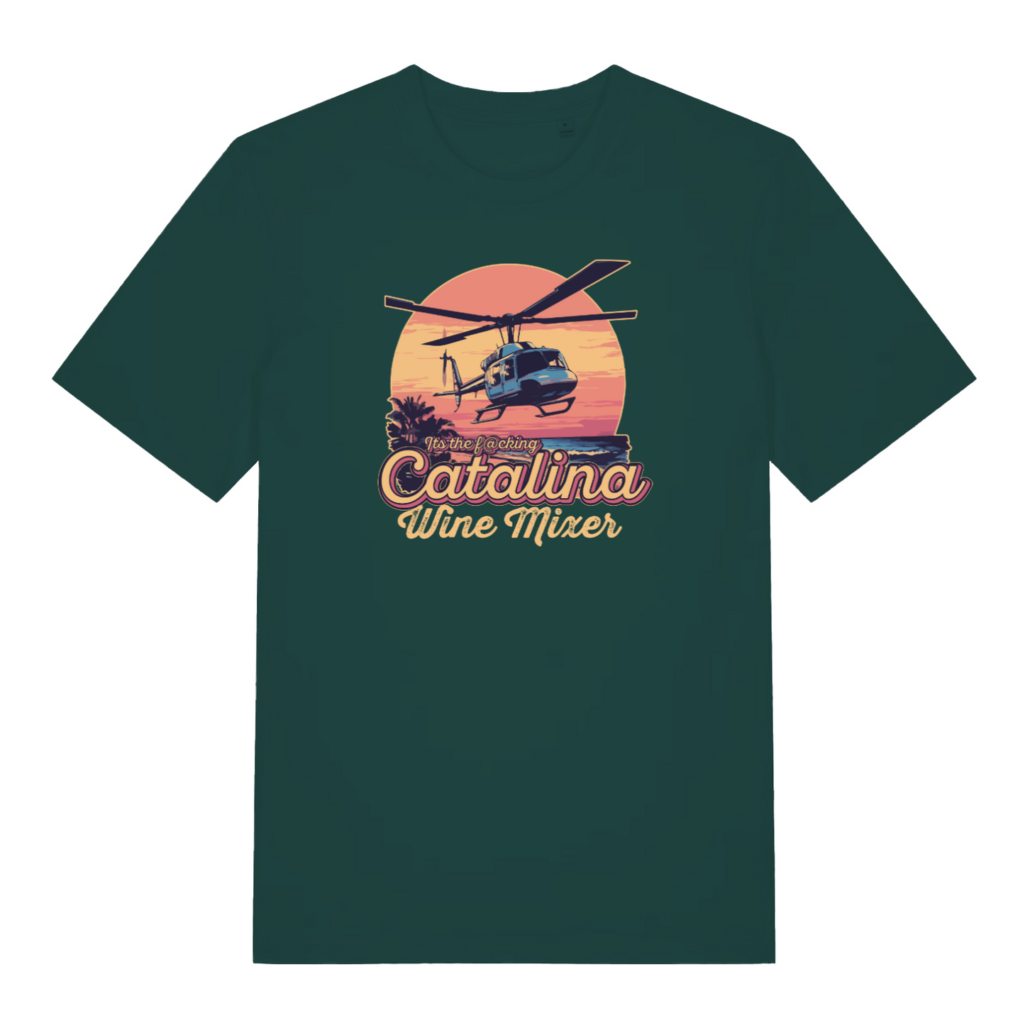green movie t-shirt with the graphic of a helicopter flying in front of a sunset and the slogan 'catalina wine mixer'