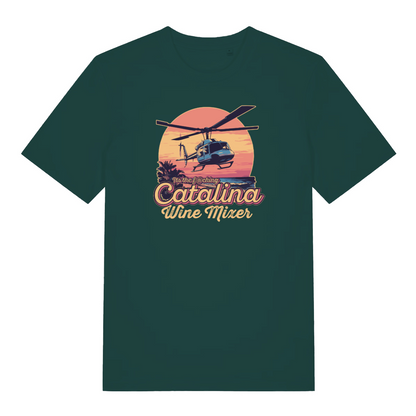 green movie t-shirt with the graphic of a helicopter flying in front of a sunset and the slogan 'catalina wine mixer'