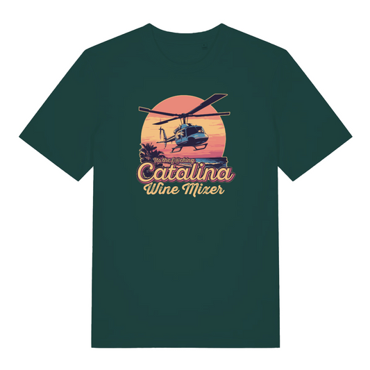 green movie t-shirt with the graphic of a helicopter flying in front of a sunset and the slogan 'catalina wine mixer'