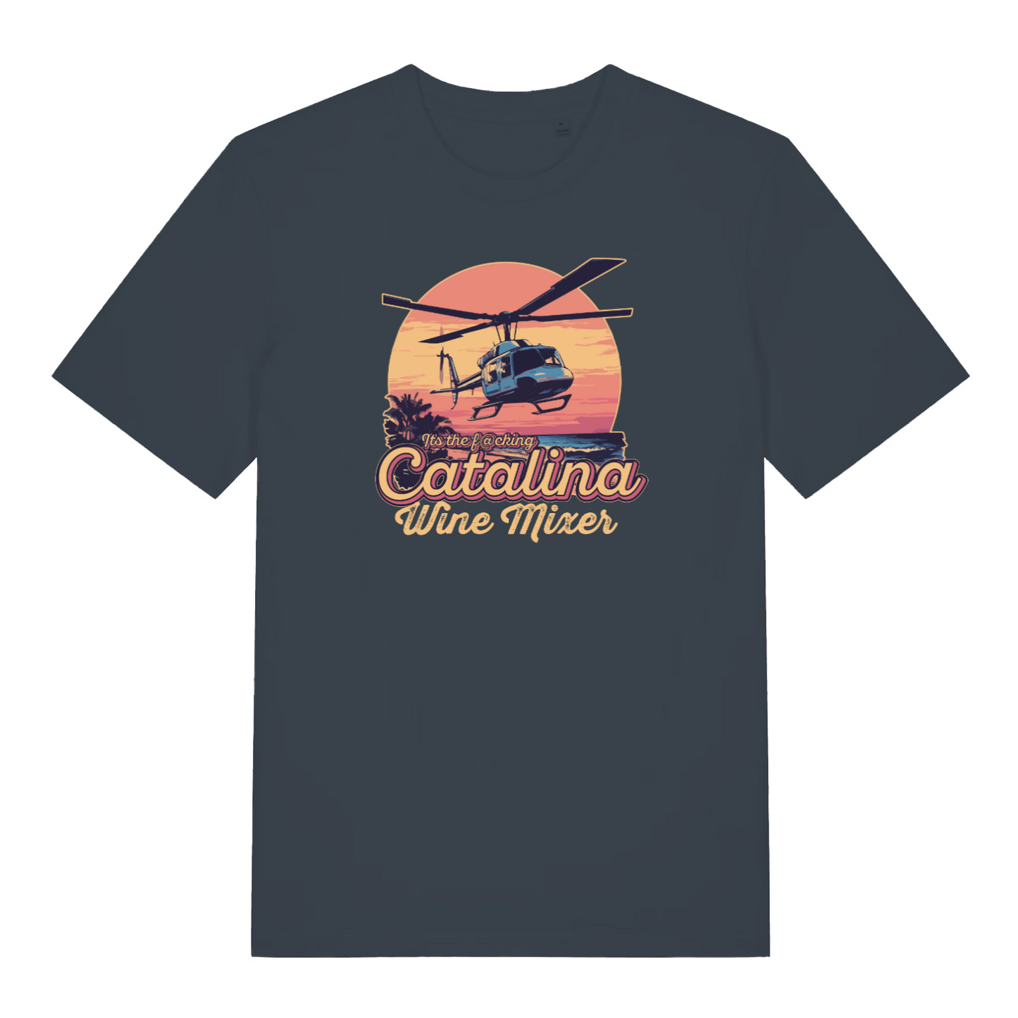 ink grey movie t-shirt with the graphic of a helicopter flying in front of a sunset and the slogan 'catalina wine mixer'