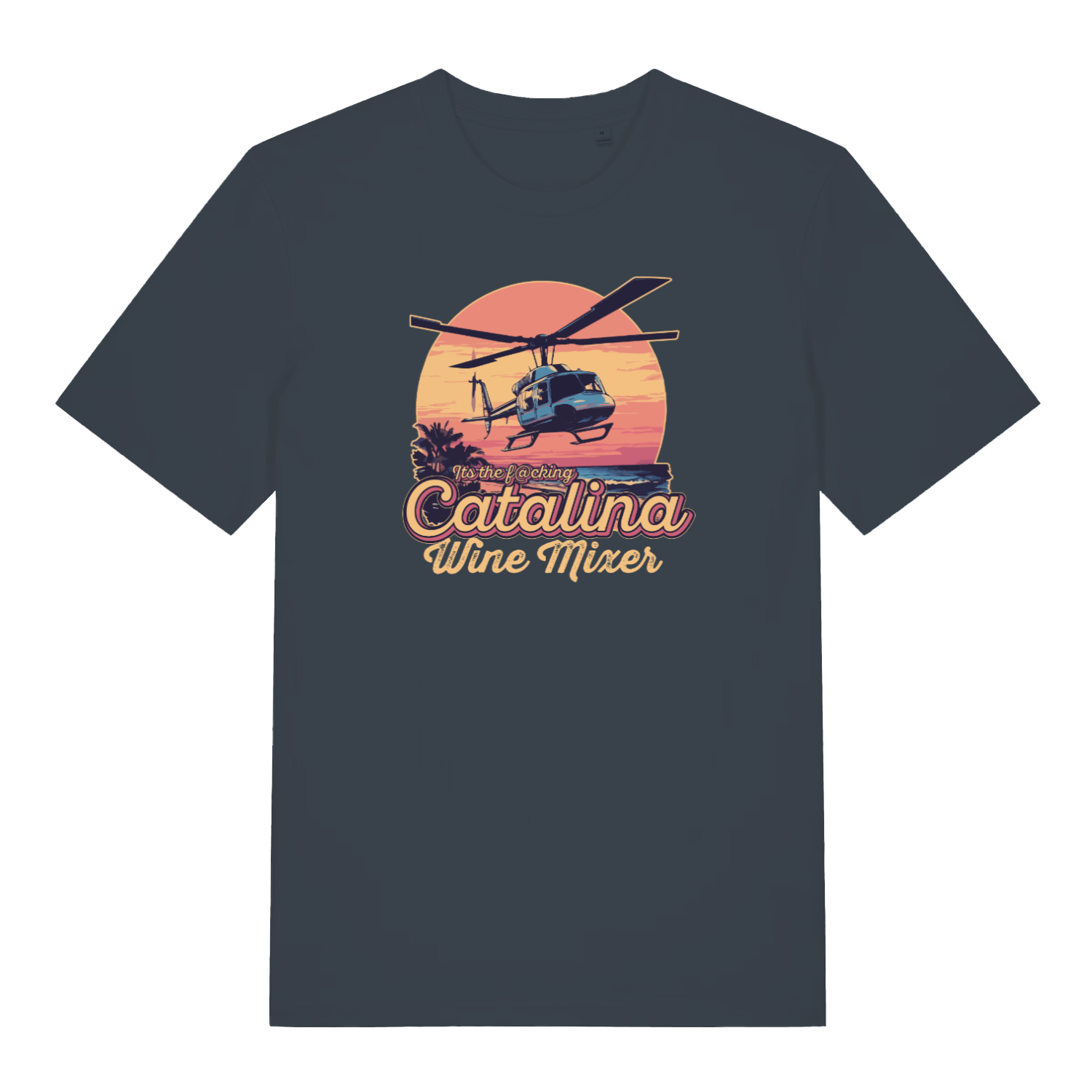 ink grey movie t-shirt with the graphic of a helicopter flying in front of a sunset and the slogan 'catalina wine mixer'