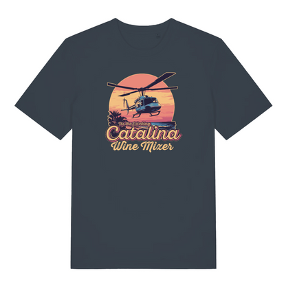 ink grey movie t-shirt with the graphic of a helicopter flying in front of a sunset and the slogan 'catalina wine mixer'
