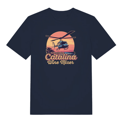 navy movie t-shirt with the graphic of a helicopter flying in front of a sunset and the slogan 'catalina wine mixer'