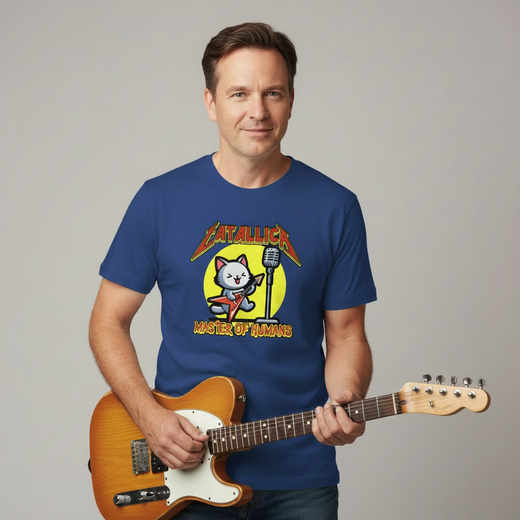 Man playing an electric guitar while wearing a blue "Catallica: Master of Humans" funny graphic t-shirt featuring a cute cat rock star.